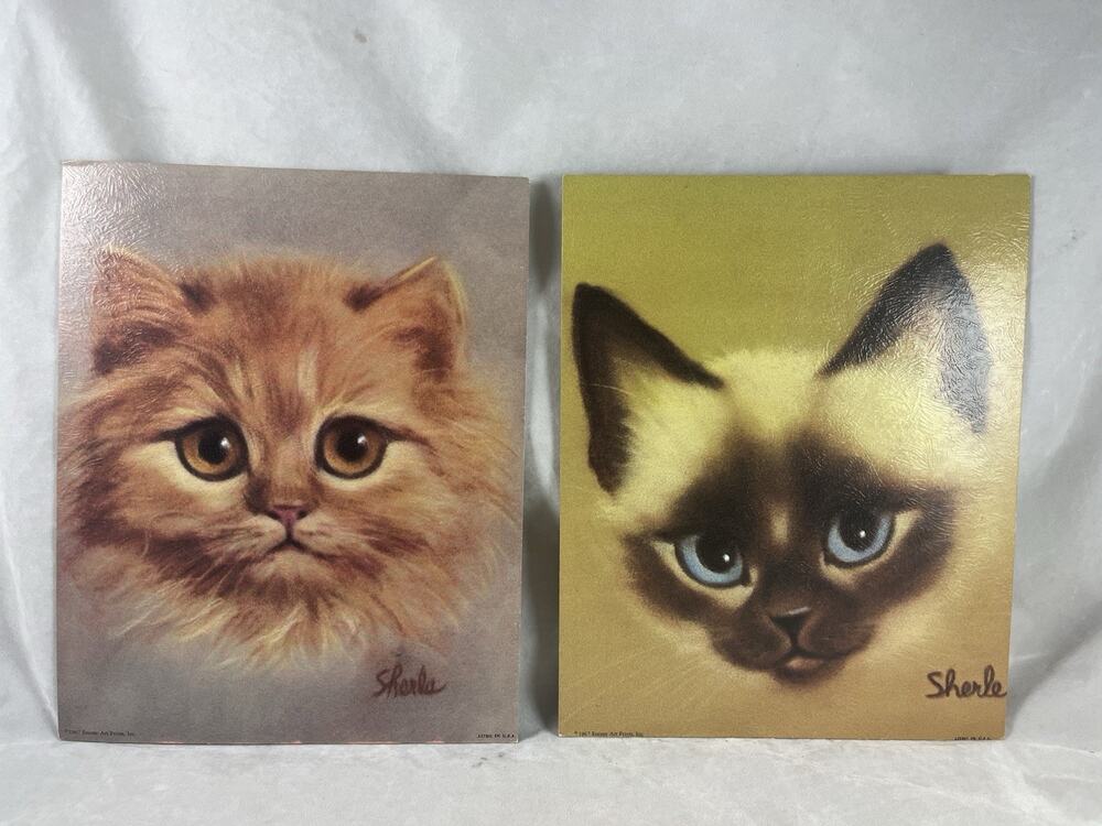 Sherle Kitten Museum Art Prints Lithos Pair Siamese Tabby Kitty Cats Vintage 60s